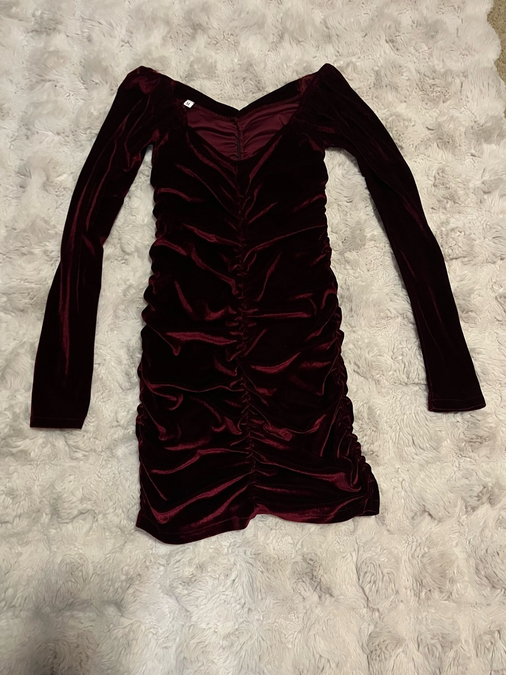 Velvet Ruched Long-Sleeve Mini Dress Burgundy, Size M.